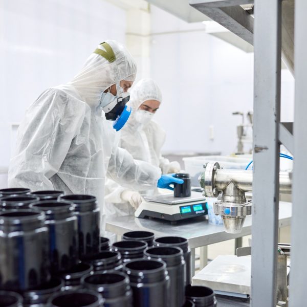 Pharmaceutical Plant Workers Using Scale